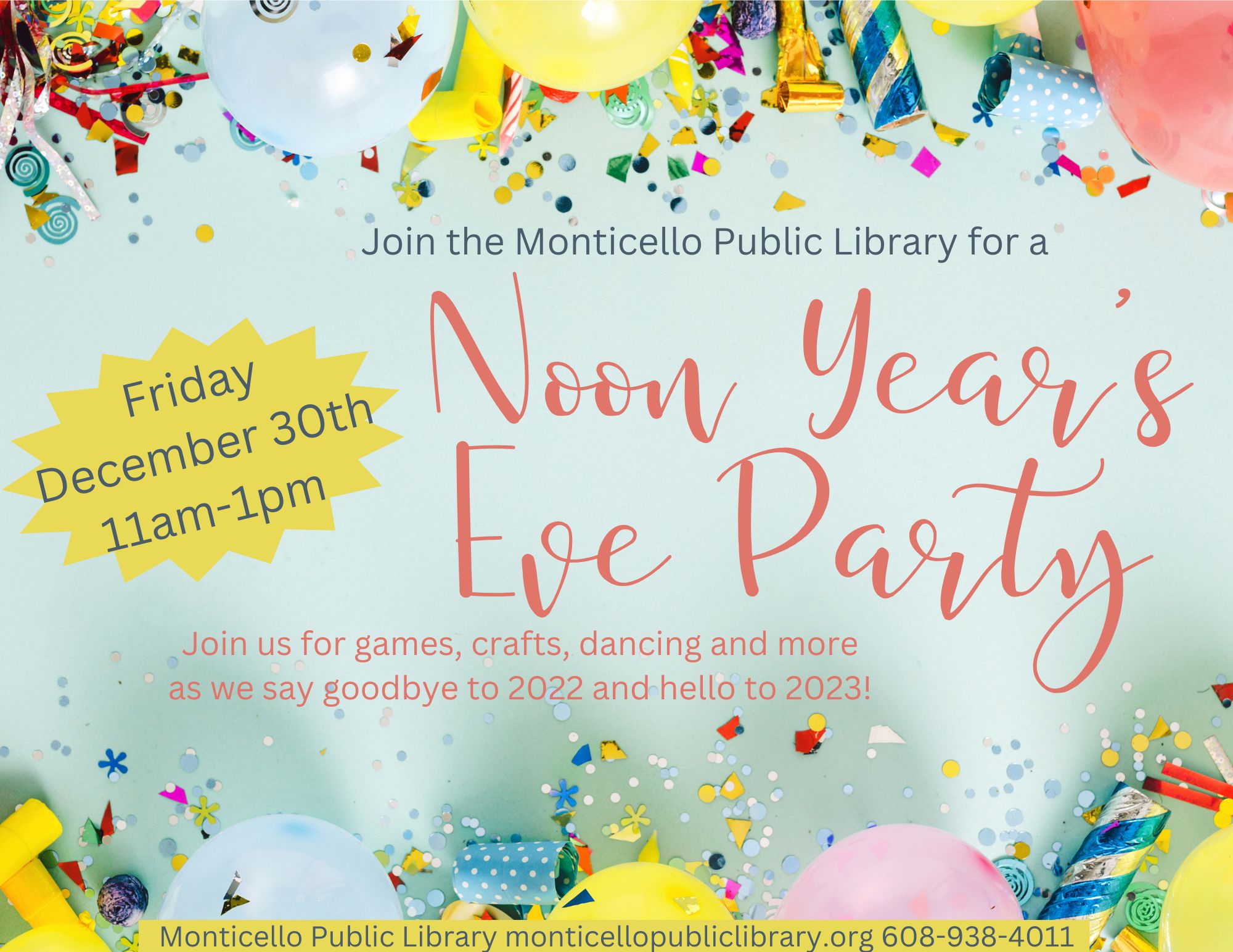 Noon Year's Eve party December 30th at 11am